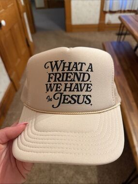 Beige Trucker Hat "What a Friend We Have in Jesus"